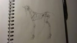 Size: 1632x918 | Tagged: safe, artist:kiwwsplash, oc, oc only, pony, robot, robot pony, unicorn, horn, lineart, notebook, pencil, solo, traditional art, unicorn oc