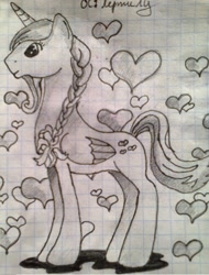 Size: 779x1024 | Tagged: safe, artist:intfighter, oc, oc only, alicorn, pony, alicorn oc, braid, graph paper, heart, horn, lineart, solo, traditional art, wings