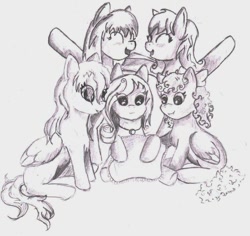 Size: 1083x1024 | Tagged: safe, artist:intfighter, oc, oc only, pegasus, pony, eyes closed, group, jewelry, necklace, pegasus oc, sitting, smiling, traditional art, wings