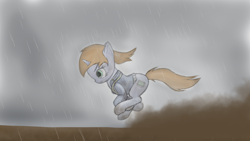Size: 3840x2160 | Tagged: safe, artist:astralr, oc, oc only, oc:littlepip, pony, unicorn, fallout equestria, clothes, cutie mark, dirty, dust, female, high res, jumpsuit, mare, rain, running, solo, vault suit