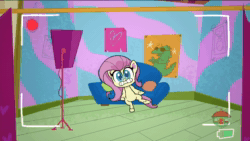 Size: 1920x1080 | Tagged: safe, screencap, fluttershy, pegasus, pony, director spike's mockumentary, g4.5, my little pony: pony life, animated, bipedal, butt, couch, dancing, female, implied spike, mare, noodle arms, offscreen character, plot, shrunken pupils, solo, sound, webm, wide eyes