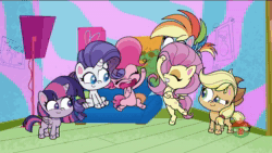 Size: 1920x1080 | Tagged: safe, screencap, applejack, fluttershy, pinkie pie, rainbow dash, rarity, twilight sparkle, alicorn, earth pony, pegasus, pony, unicorn, director spike's mockumentary, g4.5, my little pony: pony life, adorkable, animated, applejack's hat, bipedal, couch, cowboy hat, cute, dork, epic fail, fail, female, flying, hat, laughing, mane six, mare, nose in the air, shrunken pupils, sitting, sound, twilight sparkle (alicorn), webm, wide eyes