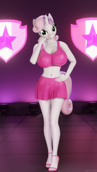 Size: 3240x5760 | Tagged: safe, artist:hunterz263, sweetie belle, anthro, plantigrade anthro, g4, 3d, belly button, big breasts, breasts, busty sweetie belle, clothes, commission, cutie mark, feet, female, high heels, looking at you, midriff, open-toed shoes, pose, shirt, shoes, skirt, solo, the cmc's cutie marks, toes
