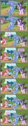 Size: 3564x15588 | Tagged: safe, artist:gutovi, pinkie pie, starlight glimmer, trixie, g4, bipedal, bipedal leaning, blushing, cape, clothes, comic, competition, confused, engagement, engagement ring, female, flower, hat, hoof hold, hooves behind head, jewelry, leaning, lesbian, magic trick, marriage proposal, party cannon, pinkie pie is not amused, prestidigitation, raised eyebrow, raised hoof, ring, rose, ship:startrix, shipping, show accurate, showing off, sleight of hoof, smug, trixie's cape, trixie's hat, unamused, wedding ring