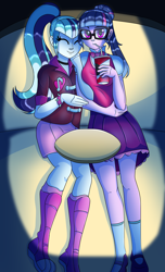 Size: 1700x2800 | Tagged: safe, artist:elmutanto, sci-twi, sonata dusk, twilight sparkle, equestria girls, g4, cuddling, drink, female, lesbian, ship:twinata, shipping