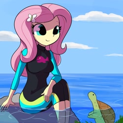 Size: 3375x3375 | Tagged: safe, artist:tjpones, fluttershy, turtle, equestria girls, g4, beach, breasts, busty fluttershy, cute, female, fluttershy's wetsuit, hairpin, high res, ocean, rock, seaweed, shyabetes, solo, wetsuit