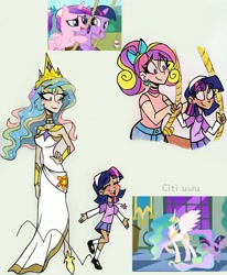 Size: 2510x3049 | Tagged: safe, artist:citi, princess cadance, princess celestia, twilight sparkle, alicorn, human, pony, unicorn, a canterlot wedding, g4, the cutie mark chronicles, blouse, clothes, crown, cute, cutie mark, cutie mark accessory, cutie mark on clothes, dress, ear piercing, excited, eye clipping through hair, eye contact, eyebrows, eyebrows visible through hair, female, filly, filly twilight sparkle, hand on hip, happy, high res, humanized, jeans, jewelry, lidded eyes, looking at each other, mary janes, momlestia fuel, necklace, open mouth, pants, piercing, regalia, scene interpretation, screencap reference, shirt, shoes, skirt, socks, swing, t-shirt, teen princess cadance, trio, twiabetes, unicorn twilight, yes yes yes, younger