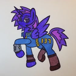 Size: 1024x1024 | Tagged: safe, artist:dice-warwick, oc, oc only, oc:berry blast, alicorn, pony, fallout equestria, artificial alicorn, boots, pipbuck, purple alicorn (fo:e), shoes, solo, stable-tec, traditional art, two toned mane, two toned tail