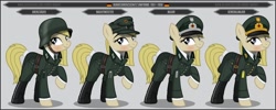 Size: 1280x512 | Tagged: safe, artist:brony-works, earth pony, pony, border guard, clothes, cold war, female, flag, helmet, line-up, mare, raised hoof, smiling, solo, uniform, west germany