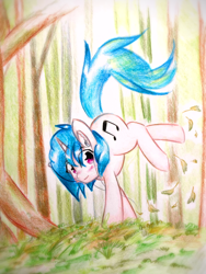 Size: 1920x2560 | Tagged: safe, artist:stardust0130, dj pon-3, vinyl scratch, pony, unicorn, g4, bucking, earbuds, female, forest, leaves, mare, smiling, solo, traditional art