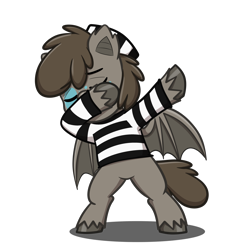 Size: 4093x4093 | Tagged: safe, artist:jcosneverexisted, oc, oc only, oc:dogg, bat pony, hybrid, pony, g4.5, my little pony: pony life, clothes, dab, eyes closed, hat, male, pose, prison outfit, prison stripes, simple background, solo, stallion, transparent background, unshorn fetlocks