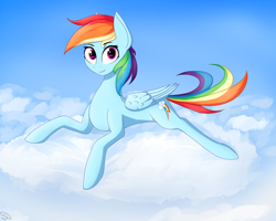 Size: 1250x1000 | Tagged: safe, artist:stravy_vox, rainbow dash, pegasus, pony, g4, backwards cutie mark, cloud, concave belly, cute, dashabetes, female, folded wings, looking at you, lying down, mare, on a cloud, prone, sky, slender, smiling, solo, thin, wings