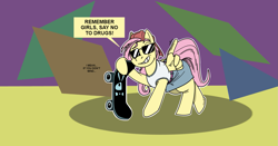 Size: 1645x859 | Tagged: safe, artist:monterrang, fluttershy, pegasus, pony, g4, '90s, 90s grunge fluttershy, backwards ballcap, baseball cap, cap, drugs are bad, feather fingers, female, grin, hat, just say no, mare, public service announcement, skateboard, smiling, solo, speech bubble, sunglasses, wing hands, wings