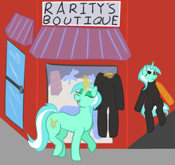 Size: 1161x1096 | Tagged: safe, artist:cutelyra, derpibooru exclusive, lyra heartstrings, pony, unicorn, g4, alley, amputee, bag, bipedal, bipedal leaning, bodysuit, boutique, catsuit, clothes, door, eyepatch, eyes closed, glass, horn, laughing, leaning, magic, magic aura, mannequin, metal gear solid, outdoors, prosthetic limb, prosthetics, self ponidox, smiling, time paradox, time travel, walking, wardrobe