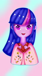 Size: 1836x3264 | Tagged: safe, artist:marydibujando, twilight sparkle, equestria girls, g4, :d, abstract background, bust, clothes, female, kimono (clothing), open mouth, smiling, solo