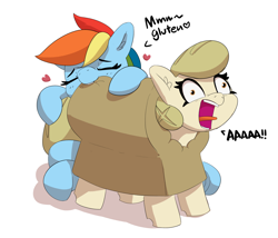 Size: 2798x2396 | Tagged: safe, artist:pabbley, rainbow dash, oc, oc:bread pony, bread pony, food pony, pegasus, pony, g4, aaaaaaaaaa, biting, bread, bread costume, butt bite, cargo ship, clothes, costume, derp, duo, female, food, food costume, gluten, heart, high res, literal butthurt, mare, nom, open mouth, pain, puns in the comments, rainbread, screaming, shipping, simple background, tongue out, wat, white background, wide eyes