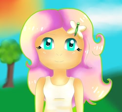 Size: 1842x1700 | Tagged: safe, artist:marydibujando, fluttershy, human, g4, bust, clothes, female, humanized, outdoors, rainbow, smiling, solo, tree