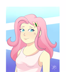 Size: 2893x3179 | Tagged: safe, artist:marydibujando, fluttershy, equestria girls, g4, abstract background, bust, clothes, female, high res, signature, smiling, solo