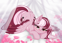 Size: 3465x2454 | Tagged: safe, alternate character, alternate version, artist:kawaiizhele, artist:sparkling_light, oc, oc only, oc:dusty ember, pegasus, pony, base used, bed, bedroom eyes, blushing, both cutie marks, commission, face down ass up, flower, high res, pegasus oc, petals, smiling, two toned wings, wings, ych result