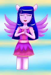 Size: 1558x2267 | Tagged: safe, artist:marydibujando, twilight sparkle, equestria girls, g4, abstract background, clothes, eyes closed, female, hands together, ponied up, skirt, solo