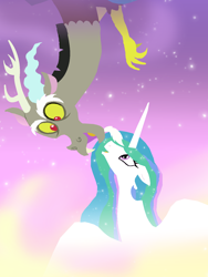 Size: 1200x1600 | Tagged: safe, artist:mr100dragon100, discord, princess celestia, alicorn, draconequus, pony, g4, ethereal mane, female, flying, happy, looking at each other, male, mare, ship:dislestia, shipping, straight, sunset, upside down