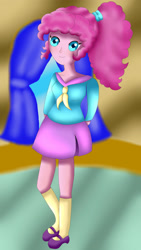 Size: 1836x3264 | Tagged: safe, artist:marydibujando, pinkie pie, equestria girls, g4, alternate hairstyle, arm behind back, clothes, female, indoors, shoes, skirt, smiling, solo