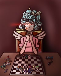 Size: 1024x1280 | Tagged: safe, artist:xxdreamy-rosettexx, cozy glow, human, g4, alternative cutie mark placement, chess, facial cutie mark, female, humanized, solo, winged humanization, wings