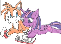 Size: 999x716 | Tagged: safe, artist:cmara, twilight sparkle, alicorn, pony, anthro, g4, book, clothes, crossover, female, male, mare, miles "tails" prower, reading, shoes, simple background, sitting, sonic the hedgehog, sonic the hedgehog (series), traditional art, twilight sparkle (alicorn), white background