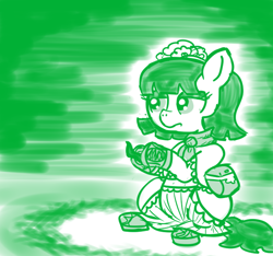 Size: 640x600 | Tagged: safe, artist:ficficponyfic, part of a set, oc, oc only, oc:mulberry telltale, cyoa:madness in mournthread, angrey reading, bag, book, boots, clothes, cyoa, displeased, dress, ears up, flower, frills, frown, headband, monochrome, neckerchief, reading, shawl, shoes, story included