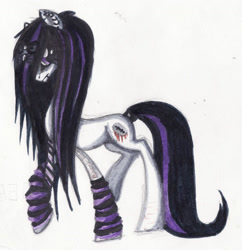 Size: 1299x1344 | Tagged: safe, artist:grinu, oc, oc only, oc:razorblade, earth pony, pony, arm warmers, black hair, clothes, earth pony oc, emo, feral, gothic, leg warmers, simple background, solo, white background