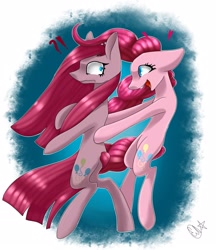 Size: 1866x2160 | Tagged: safe, artist:ellis_sunset, pinkie pie, earth pony, pony, g4, bipedal, duality, exclamation point, female, interrobang, mare, open mouth, pinkamena diane pie, question mark, self ponidox, signature, smiling, surprised, translation request