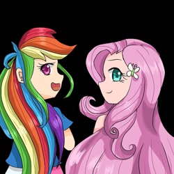 Size: 1000x1000 | Tagged: safe, artist:ariefahazzardiniya, fluttershy, rainbow dash, human, g4, black background, bust, clothes, duo, female, hairclip, humanized, looking back, open mouth, simple background, smiling