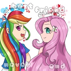 Size: 1000x1000 | Tagged: safe, alternate version, artist:ariefahazzardiniya, fluttershy, rainbow dash, human, g4, clothes, duo, female, hairclip, humanized, looking back, open mouth, smiling