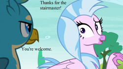 Size: 1280x720 | Tagged: safe, edit, edited screencap, editor:korora, screencap, gallus, silverstream, g4, school daze, cute, dialogue, diastreamies, jewelry, necklace, that hippogriff sure does love stairs, tree