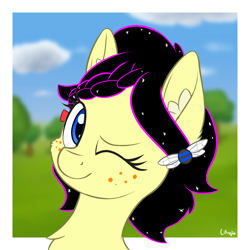 Size: 2000x2000 | Tagged: safe, artist:litrojia, oc, oc only, oc:sunnie bun, earth pony, pony, blurry background, bust, cheek fluff, chest fluff, cloud, commission, ear fluff, female, freckles, high res, looking at you, mare, one eye closed, portrait, scenery, smiling, solo, tree, wink