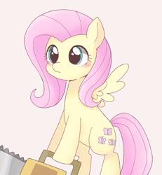 Size: 1893x2048 | Tagged: dead source, safe, artist:ginmaruxx, fluttershy, pegasus, pony, .mov, shed.mov, g4, bipedal, blushing, chainsaw, cute, female, grimcute, hoof hold, mare, pink background, pony.mov, shyabetes, simple background, solo, stay out of my shed, subversive kawaii, wings