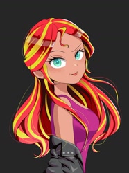 Size: 1172x1575 | Tagged: safe, artist:1drfl_world_end, sunset shimmer, human, equestria girls, g4, :p, anime, black background, bust, colored pupils, cute, dark skin, female, human coloration, humanized, looking at you, shimmerbetes, simple background, solo, tongue out