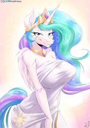 Size: 1070x1513 | Tagged: safe, artist:viejillox64art, princess celestia, alicorn, anthro, g4, big breasts, breasts, busty princess celestia, clothes, dress, female, huge breasts, smiling, solo