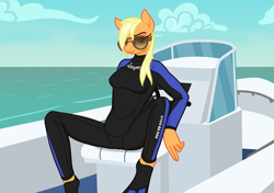 Size: 2893x2039 | Tagged: safe, artist:camo-pony, derpibooru exclusive, applejack, anthro, plantigrade anthro, breasts, busty applejack, clothes, flippers (gear), looking at you, sunglasses, wet, wet mane, wetsuit
