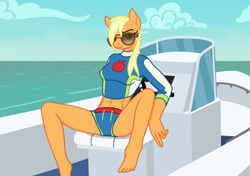 Size: 2893x2039 | Tagged: safe, alternate version, artist:camo-pony, derpibooru exclusive, applejack, anthro, plantigrade anthro, applejack's beach shorts swimsuit, beach shorts swimsuit, bikini, bikini bottom, breasts, busty applejack, clothes, equestria girls outfit, looking at you, sunglasses, swimsuit, wet, wet mane