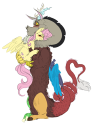 Size: 3103x4081 | Tagged: safe, artist:snspony, discord, fluttershy, draconequus, pegasus, pony, g4, butt touch, chest fluff, female, hand on butt, male, ship:discoshy, shipping, simple background, straight, white background
