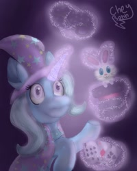 Size: 768x960 | Tagged: safe, artist:cheybonn_thunder, trixie, pony, unicorn, g4, bunny out of the hat, card, duo, female, glowing horn, hat, horn, magic, magic trick, mare, raised hoof, signature, smiling, telekinesis, top hat