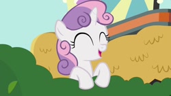Size: 1280x720 | Tagged: safe, screencap, sweetie belle, pony, unicorn, g4, twilight time, ^^, bush, cute, diasweetes, eyes closed, female, filly, solo