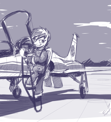 Size: 3000x3308 | Tagged: safe, artist:buckweiser, oc, oc only, oc:concorde, semi-anthro, arm hooves, astronaut, grayscale, high res, jet, monochrome, nasa, nonbinary, offspring, older, parent:soarin', parent:spitfire, parents:soarinfire, pilot, sketch, solo, t-38 talon