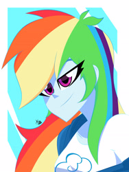 Size: 2448x3264 | Tagged: safe, artist:xan-gelx, rainbow dash, equestria girls, g4, abstract background, bust, female, high res, simple background, smiling, solo