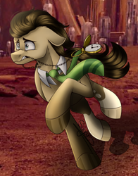Size: 1100x1400 | Tagged: safe, artist:sugar0612, doctor whooves, time turner, earth pony, pony, g4, crossover, doctor who, fear, gallifrey, galloping, male, mouth hold, necktie, pocket watch, running, stallion, the doctor