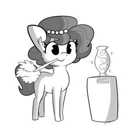 Size: 3375x3375 | Tagged: safe, artist:tjpones, oc, oc only, oc:brownie bun, earth pony, pony, duster, female, grayscale, high res, mare, monochrome, mouth hold, simple background, smiling, solo, this will end in property damage, this will end in tears, vase, white background