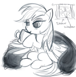 Size: 1275x1299 | Tagged: safe, anonymous artist, rainbow dash, pegasus, pony, g4, blanket, chocolate, cute, drawthread, female, food, hot chocolate, monochrome, requested art, sipping, sitting, snow, solo, window