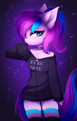 Size: 1306x2048 | Tagged: safe, artist:magnaluna, oc, oc only, oc:panda shade, anthro, adorasexy, breasts, choker, clothes, collar, commission, cute, female, hoodie, looking at you, off shoulder, schrödinger's pantsu, sexy, skindentation, socks, solo, stockings, thigh highs, thighs, ych result
