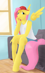 Size: 1517x2427 | Tagged: safe, artist:alicorn-without-horn, fluttershy, pegasus, anthro, unguligrade anthro, g4, 90s grunge fluttershy, baseball cap, cap, clothes, couch, female, floating wings, hat, room, sitting, solo, window, wings